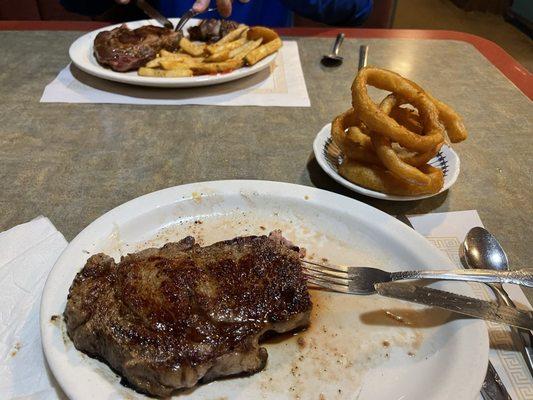 Ribeye. MR. Onion rings