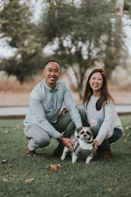 Family photo with the dog dressed up and ready to go before the holidays and wedding day.