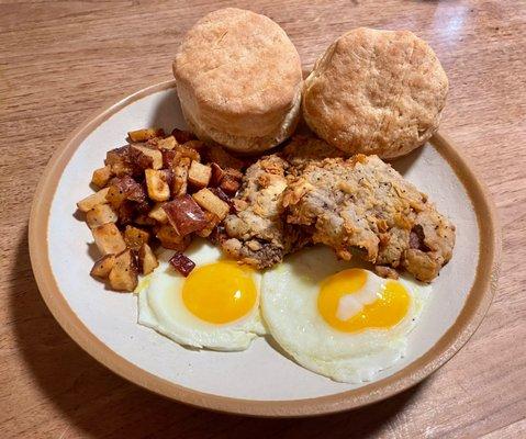 Chicken-fried steak breakfast with an extra biscuit