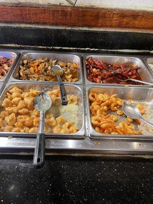 Traditional Chinese buffet dishes.