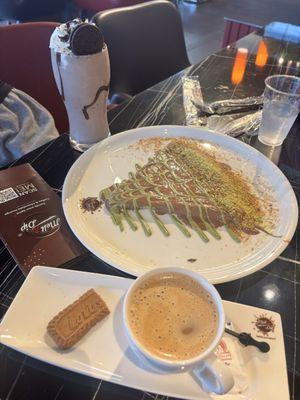 Chai with pistachio/nutella crepe and Oreo milkshake.