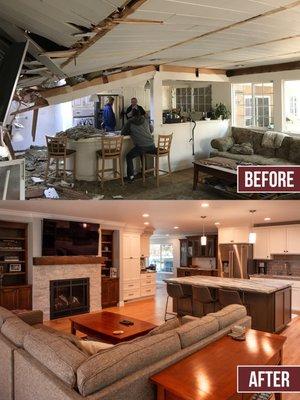 Before & after pictures from a restoration completed in northern California. A tree feel through the top of this home. No one was injured.