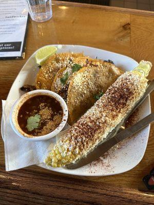 Beef Birria Tacos and Elotes (fancy street corn )