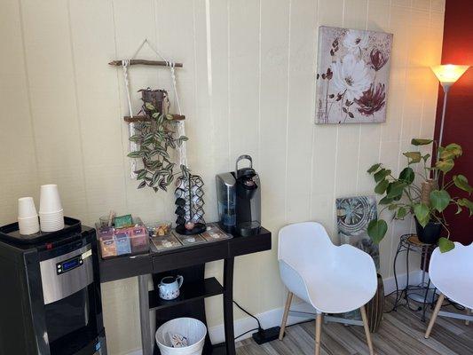 Nice seating area with beverages and plants