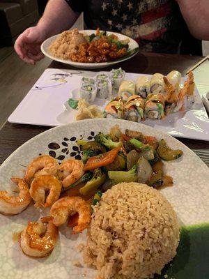 Shrimp hibachi meal, general tso and sushi