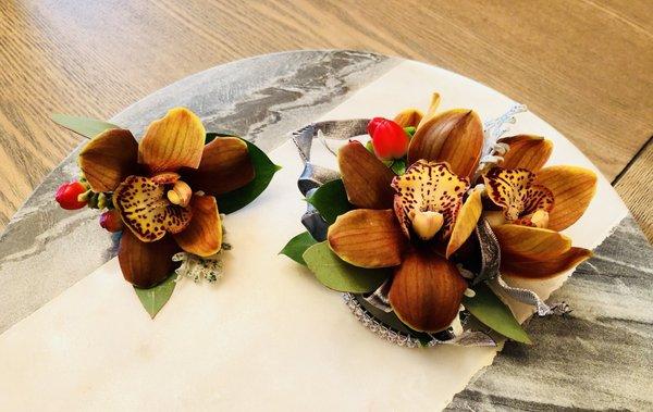 Brown sugar orchid corsage and boutonnière, beautiful!