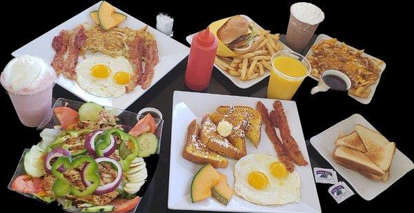 Bacon & Eggs, French Toast &Eggs,Chicken Salad and Burger Combo. Yummy !