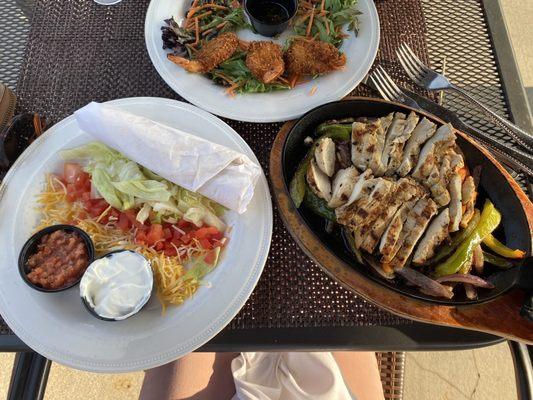 Fajitas and coconut shrimp.