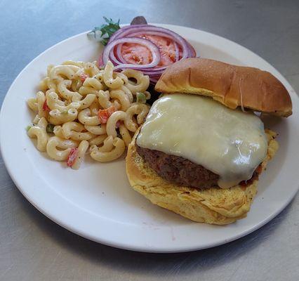 burger and macaroni salad