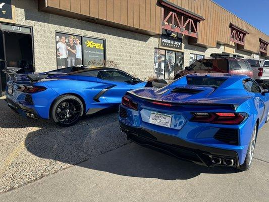 Gotta love this pic of two C8 Stingrays in for PPF and Ceramic tint!