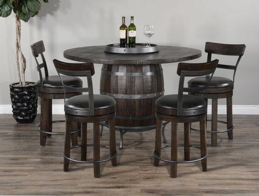 Homestead Round Pub Table w/ Wine Barrel Base Dimensions: 54"Rx36"H
 Base & Lazy Susan Swivel