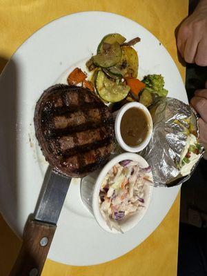 Filet mignon baked potato and slaw