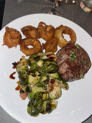 Filet mignon Brussels sprouts and truffle fries