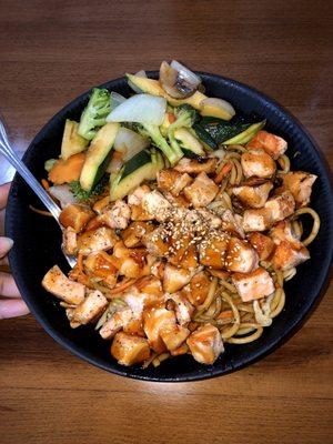 Salmon teriyaki bite bowl with noodles! BIG portion, great flavors! Cooked to perfection.