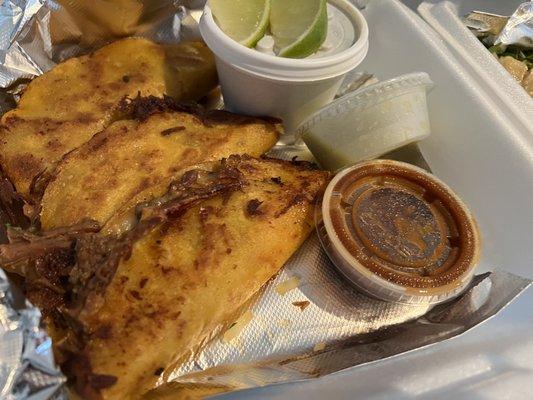 beef brisket quesadilla tacos with beef consommé!!!!