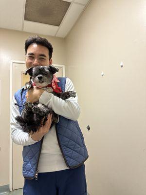 Dr. Jung and Spanky. How happy Spanky is with Dr. Jung!