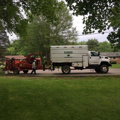 Haymaker Tree and Lawn Wood Chipper and Chip Truck ready for action in North Canton.