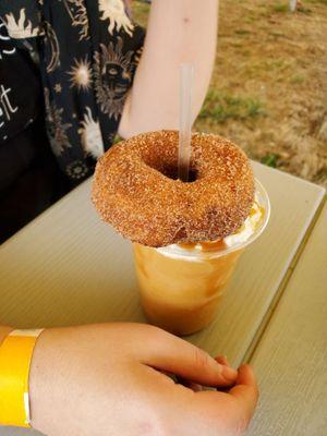 Apple cider slushie with their Apple cider donut. Fall in a cup