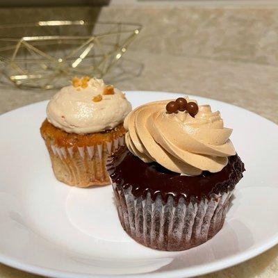 Elvis Peanut Butter Frosting and Banana Toffee Cupcake, Chocolate Salted Caramel Cupcake