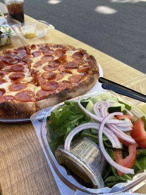 Far left - Caesar Salad, Middle - Pepperoni Pizza, Right - House Salad (with spinach base)