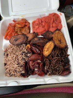 Veg Chicken (tempeh) and Red Pepper, Lima Bean, Plantain, Rice &Bean, Rasta Pasta and Lo Mein.