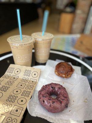 Iced Horchata Latte,  Wild Blueberry donut,  Crème Brûlée donut