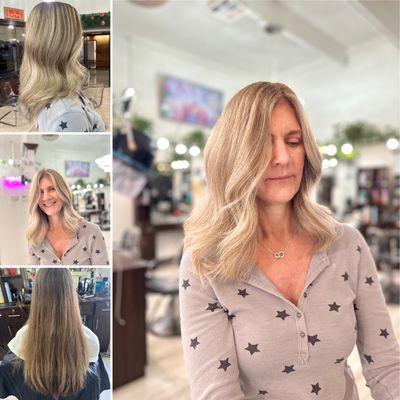 Balayage chunky highlights, root touch up, money pieces, with premium formula, and haircut for her long and thick hair.