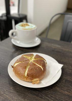 Garlic Something Cheese Bread with latte background