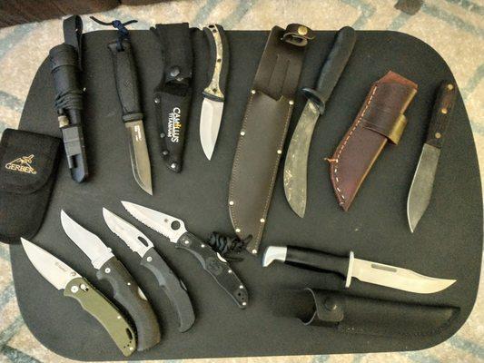 These are just some of the fixed and folding blade knives that I have done just recently. I have done forced petina's & repaired sheaths