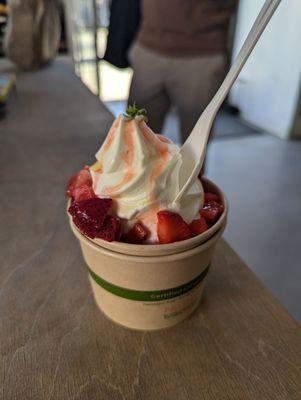 Froyo with macerated strawberry and olive oil