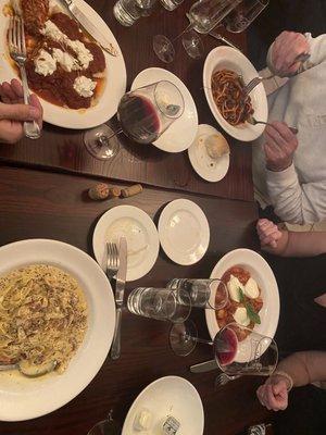 Dinner; carbonara, ravioli, puttanesca and gnocchi