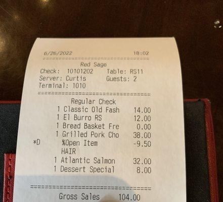 Bill with "HAIR" and 25% discount on my meal.