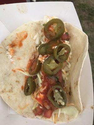 Sorry, I smothered my chicken soft taco in the complimentary jalapeños...but I LOVE spicy food! Delicious!