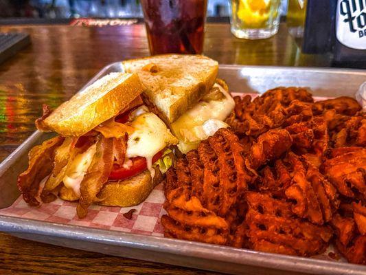 Grilled Chicken Club with Sweet Potato Waffle Fries