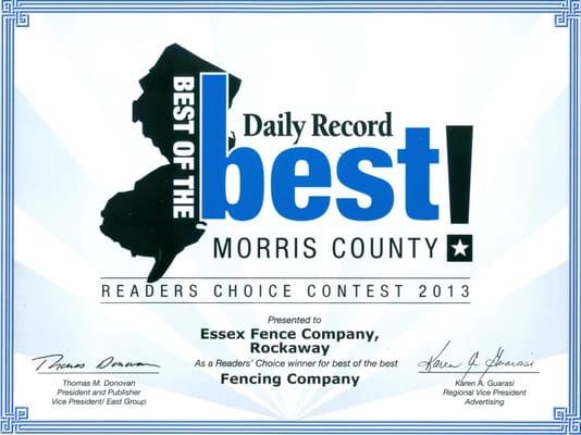 Essex Fence has the distinction of being voted Morris County's best fence company in 2012 and 2013 by Daily Record readers!