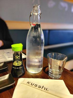 They bring you a cold bottle of water with glasses. That "less salt" soy sauce was pretty salty.