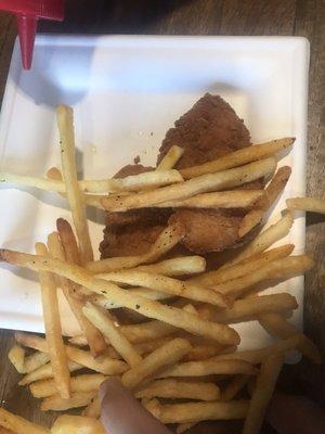 Chicken fingers and fries (sorry my son knocked them off the plate)