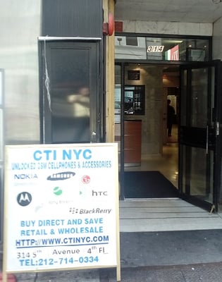 Front entrance to CTI-NYC,the Unlocked Cell Phone Shop specializing in Samsung, HTC, LG, Sony, Asus, Blackberry, Microsoft, Nokia.