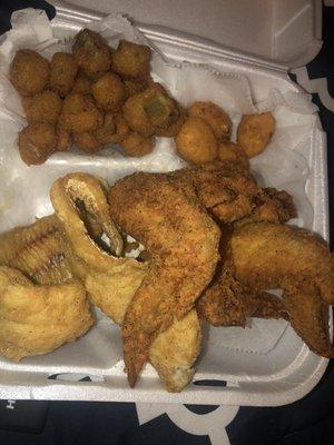 Shark's combo, 3 whole wings, whiting fish, okra and corn nuggets