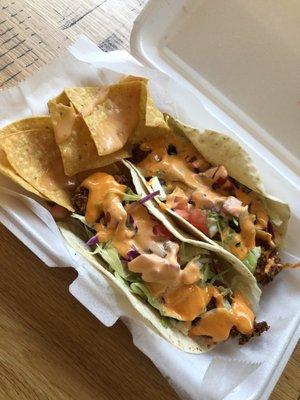 Cap'n Crunch Tilapia tacos, two (plus some chips) for $8