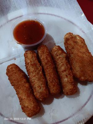 Mozzarella sticks (with red water disguised as marinara sauce)