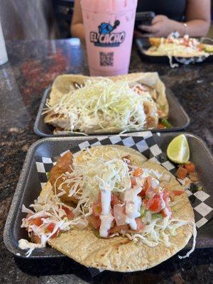 Front: Taco Ensenada Pescado Back: Grilled Tilapia Taco  Strawberry milk agua Fresca