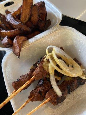 Beef soya sticks and dodo (fried plantains)