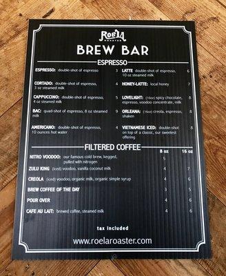 Coffee menu