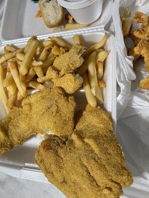 Fried fish, shrimp combo with french fries and cream wontons.