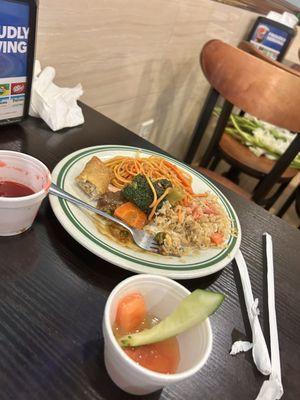 Lomein, fried rice and inedible beef broccoli