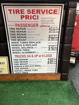 Tire service prices as of Jan 2024