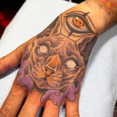 Custom neotraditional cat and eye hand tattoo.