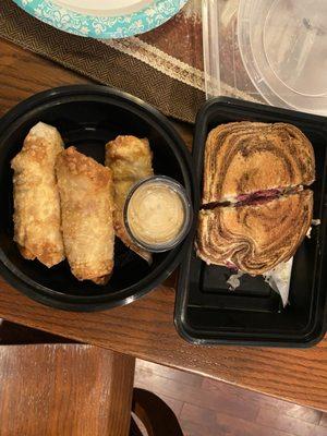 Reuben sandwich and Reuben rolls with dipping sauce from Brooks Family Corned Beef, 3.4.2024.