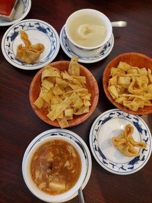 Wonton soup, hot and sour soup, plenty of crackers, and complimentary crab ragoons in place of two soups.